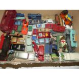 Two boxes of various playworn Dinky and other diecast vehicles (approx 100)