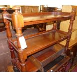 A mid-Victorian mahogany three-tier buffet whatnot, raised on turned and square cut columns, w.