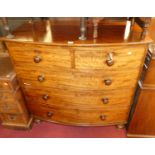 A good mid-19th century plum-pudding mahogany bowfront chest, of two short over three long graduated