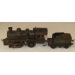 A box of various used loose Meccano parts and a playworn loco with tender