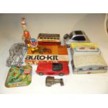 Two boxes of assorted effects, to include tinplate toys, Minic bus, large tyres etc