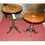 Two mid-Victorian walnut circular fixed top pedestal tripod occasional tables