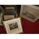 A box of assorted prints, largely being topographical engravings