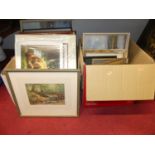 Two boxes of assorted pictures and prints, to include after Vernon Ward, County map of Suffolk etc