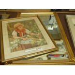 A reproduction gilt framed and bevelled wall mirror, 73 x 50cm; and a Sophie Anderson reproduction