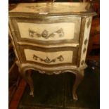 A small cream and gilt painted serpentine front two-drawer bedside chest in the French taste,