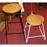 Two contemporary light oak topped and enamelled rod metal bar stools