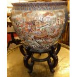 A large contemporary Chinese stoneware enamel and gilt decorated twin handled circular jardiniere on