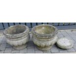 A pair of stone circular squat pedestal planters, each with reeded detail, raised on circular