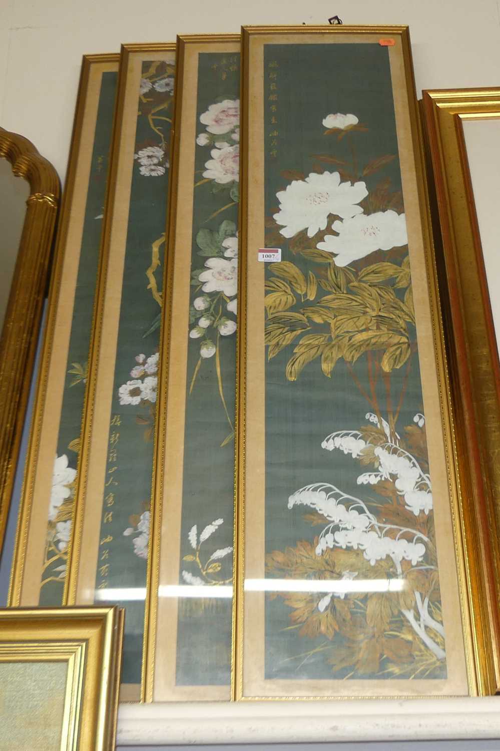 A set of four Chinese gouache on silk being bamboo and flower studies, each signed, 99x20cmCondition