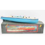 A Hornby clockwork No. 3 Racer 3 Speedboat, comprising of two-tone blue and cream body with Racing