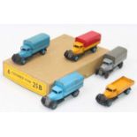 Dinky Toys 25b original Trade box containing 5 covered Wagons, 2 in blue, 2 in yellow (one missing
