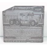 Dinky toys original cast printing plate for 689 Medium Artillery Tractor 93 x 80 mm, late 1950's *