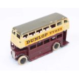 Dinky Toys, 29C Dunlop Double Decker Bus, cream upper body, maroon lower body with grey roof,