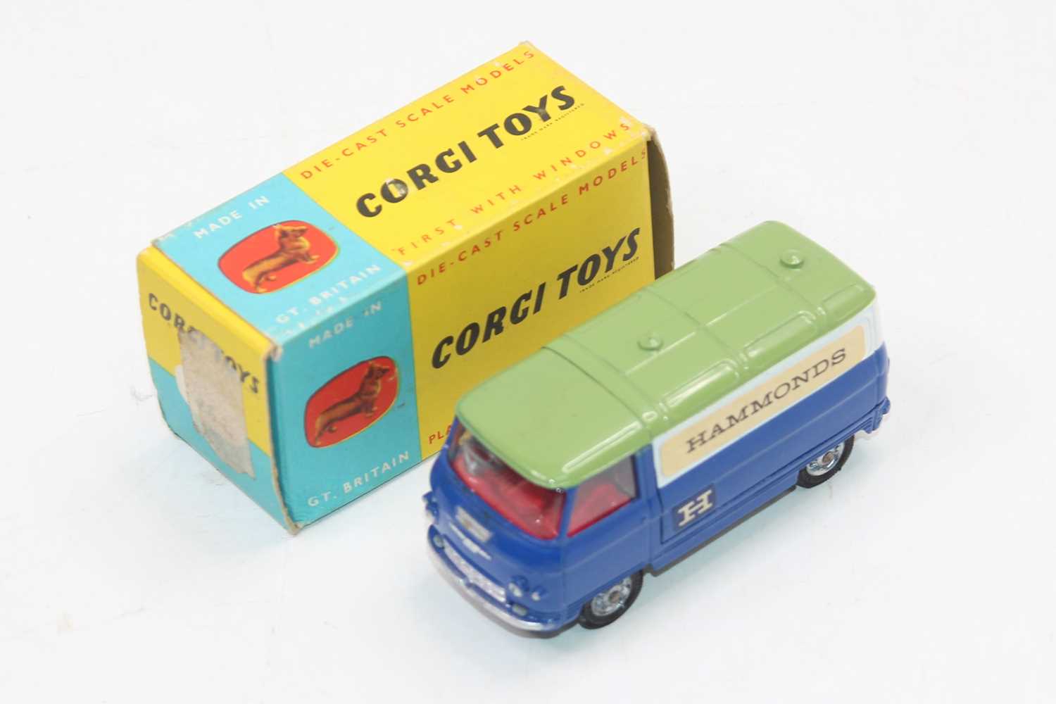 A boxed Corgi Toys 462 ‘Hammonds’ Promotional Commer Van, with blue body, green roof and white