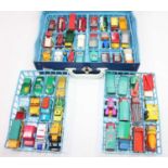 A original Matchbox carry-case containing 48+ models all in play-worn condition, mostly bpw.