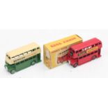 Dinky Toys no.290 Double-deck buses x2, one in red and cream with "Exide Batteries" livery (