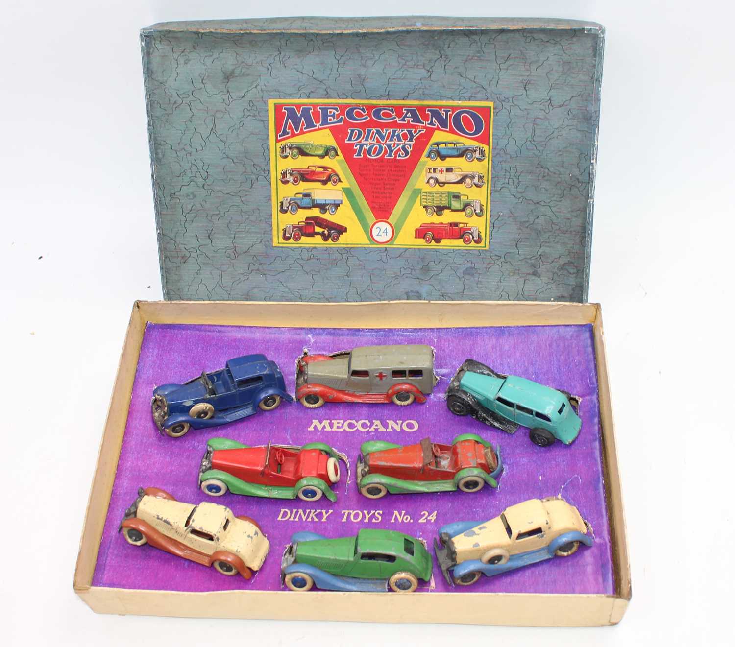 Dinky pre-war no.24 gift set with original base and lid and reproduction inner packing, all models