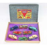 Dinky pre-war no.24 gift set with original base and lid and reproduction inner packing, all models