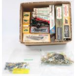 A box containing a quantity of Airfix military soldiers sets and accessories plus boxed tanks and