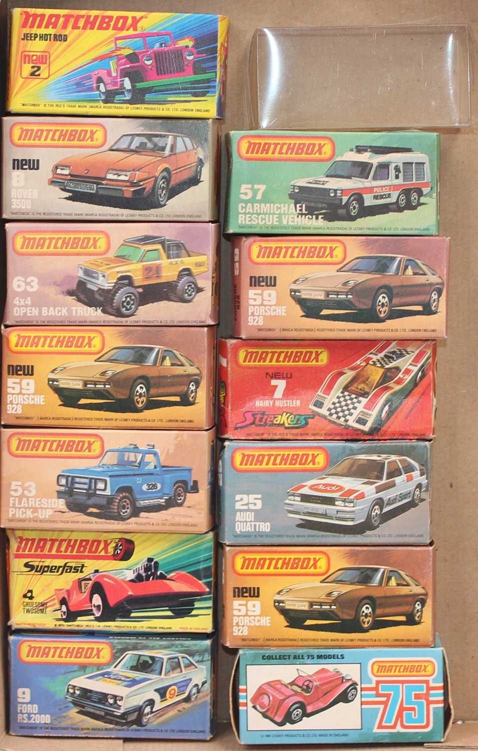 One tray containing 14 Matchbox empty boxes, to include 3x 59 Porsche 928 and many other all