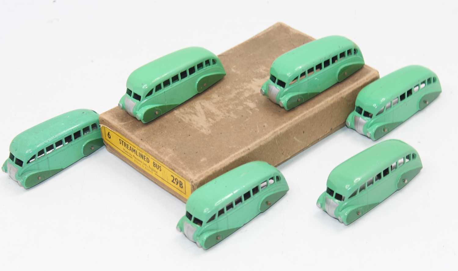 Dinky Toys 29b original Trade box containing 6 "Streamlined" buses, in two-tone green without