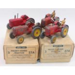 Two original trade boxes of Dinky 27A Massey Harris Tractors, 4 models in total all play worn and