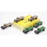 Dinky Toys 25c reproduction Trade box containing 6 original Flat Bed Trucks, 3 in green, 3 in fawn