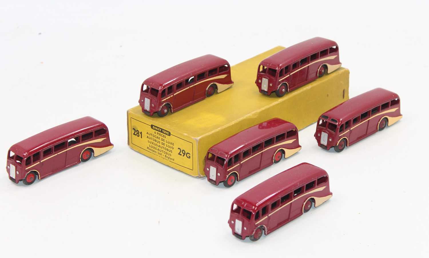 An original no.29g Dinky Trade box of 6x Luxury coaches in red, all in very good condition for age.