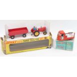 A group of two models as follows: 399 Dinky Farm tractor and trailer in near condition in a poor