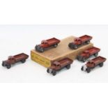 Dinky Toys 25e original Trade box containing 6 Tipping Wagons, 3 in brown (one with damage to rear