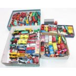 One small box containing 5 small trays of play-worn mainly Matchbox models, Lot includes a red wheel