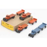 Dinky Toys 25t original Trade box containing 3 flat trucks and trailers, 2 orange and one in blue,