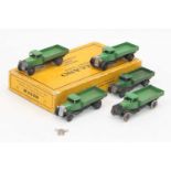 Dinky Toys 25a original Trade box containing 5 Open Wagons, in various shades of green, (2 with