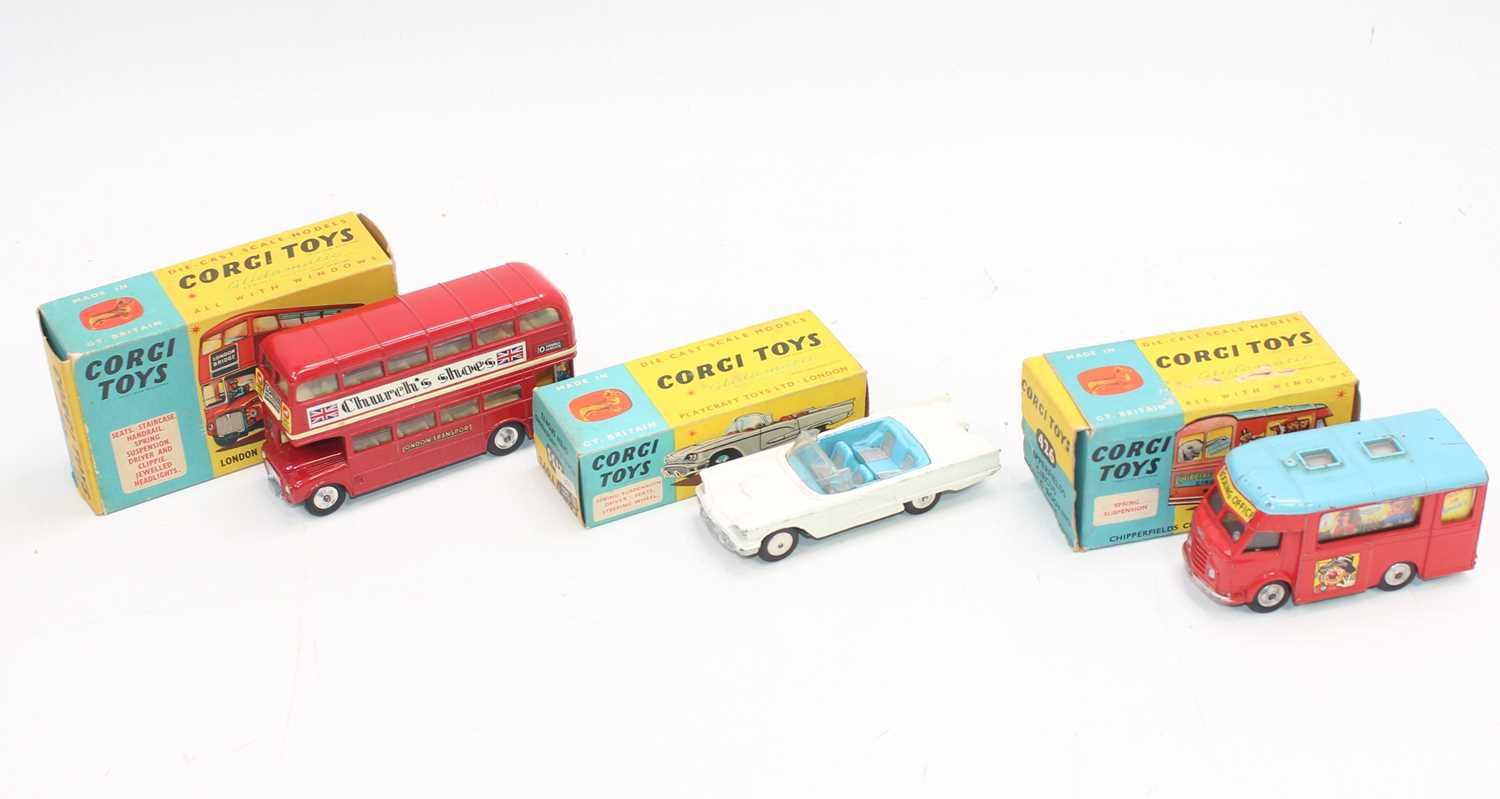 A group of 3 boxed Corgi models as follows: 468 Routemaster bus with "Church's Shoes" logo and comes