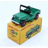 Dinky Toys No. 405 Universal Jeep comprising of dark green body with deep red wheels, housed in