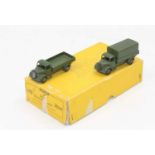 Dinky Toys 30sm original Trade box containing two Austin Covered wagons in military green one