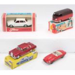 4 Tekno cars and a V.W van to include a boxed Volvo 144 in white, near mint, box missing cellophane,
