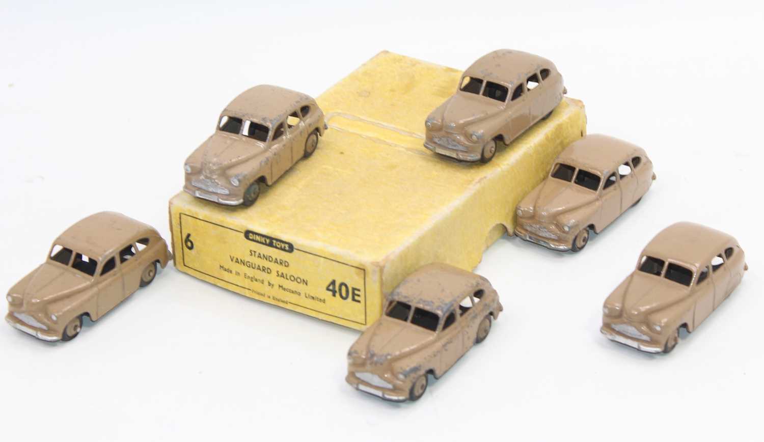 Dinky Toys 40e original Trade box of 6 Standard Vanguard Saloon in fawn with age related-wear, 3