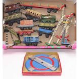 A large tray of Hornby pre-war items including 8 assorted wagons, 2 coaches, 4 assorted signals, a