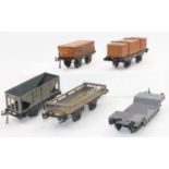 5x assorted Bing wagons including 1920s small timber with load (G), 20 tons hopper wagon (G), open