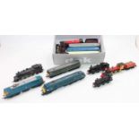 Large shoebox containing 13 mainly Triang/Hornby locos: 6x diesel; one electric and 6 steam. Many