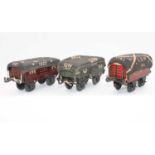 3x Bing open wagons with loads and tarpaulins including red LSWR1912 with tarpaulin No. LSW 1343,