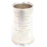 An Indian Silver double tot measure with Naval History, a presentation piece from Spences Hotel