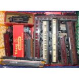 Plastic crate containing 15 bogie coaches, plus 4 early Triang TPOs, with a few other items