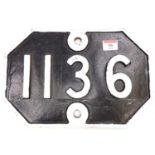 A Great Eastern Railway cast iron bridge plate, Number 1136, ex Saxham Station, white on black