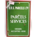 Original BRS Parcels Ltd enamel sign, 27" x 18", white lettering on green background with red border