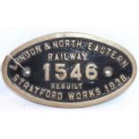 Original brass LNER Stratford Works Plate 1546, ex No.61456 Locomotive, this works plate was on