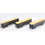 Three 1926-41 Hornby Riviera Blue Train cars: 2 x dining car and one sleeping car. Each with some