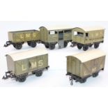 5x assorted Bing LMS wagons including 1920s cattle truck, goods van No. 425071 with 1930s goods